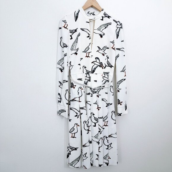Oscar de la Renta Pre-Fall 2018 Belted Keyhole Neck Seagull Print Midi Dress 0 - Picture 1 of 12